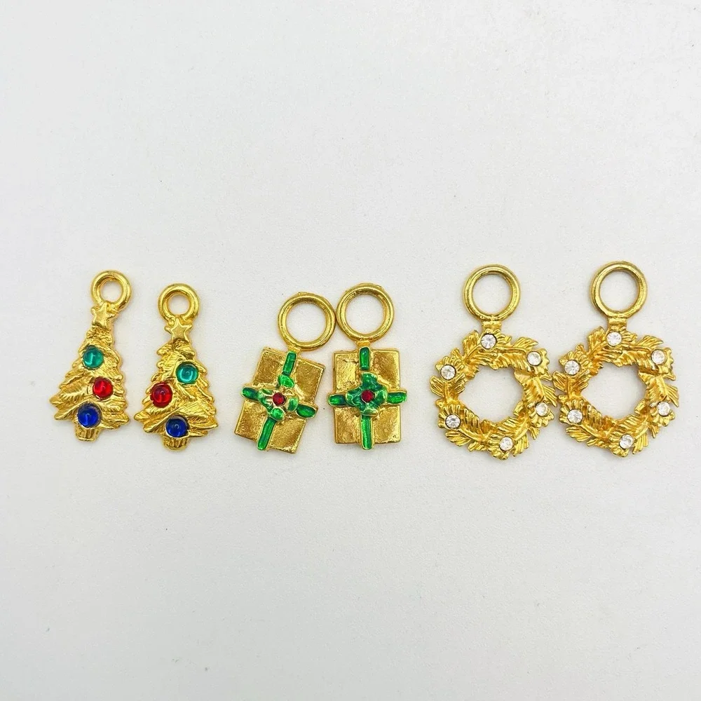 Vintage Interchangeable Holiday Earring Charms Christmas 3 Gold Wreath Tree
